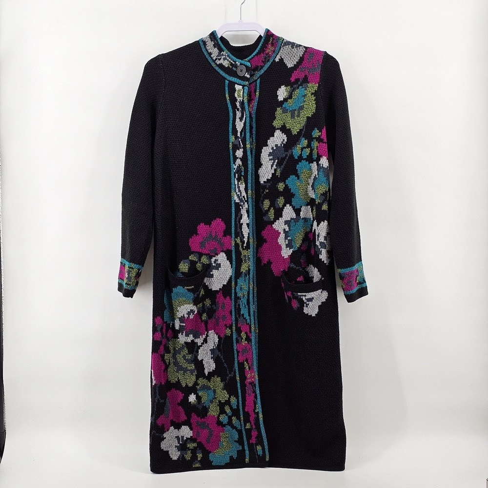 Women's J.Jill Black Floral Long Duster Cardigan Pockets Size XS Petite